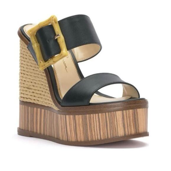 Jessica Simpson Hendrya Women's Black Leather Platform Wedge Sandals Size 7 - Picture 1 of 10